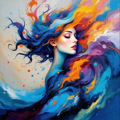 The primary subject of the image is a woman with long hair, painted in a vibrant blue color. She is surrounded by a colorful and artistic background, which includes a mix of blue, orange, and yellow hues. The visual style of the image is a combination of digital art and illustration, creating a unique and eye-catching portrait. The overall atmosphere of the image is lively and energetic, with the woman's long hair flowing and the vivid colors creating a sense of movement and dynamism